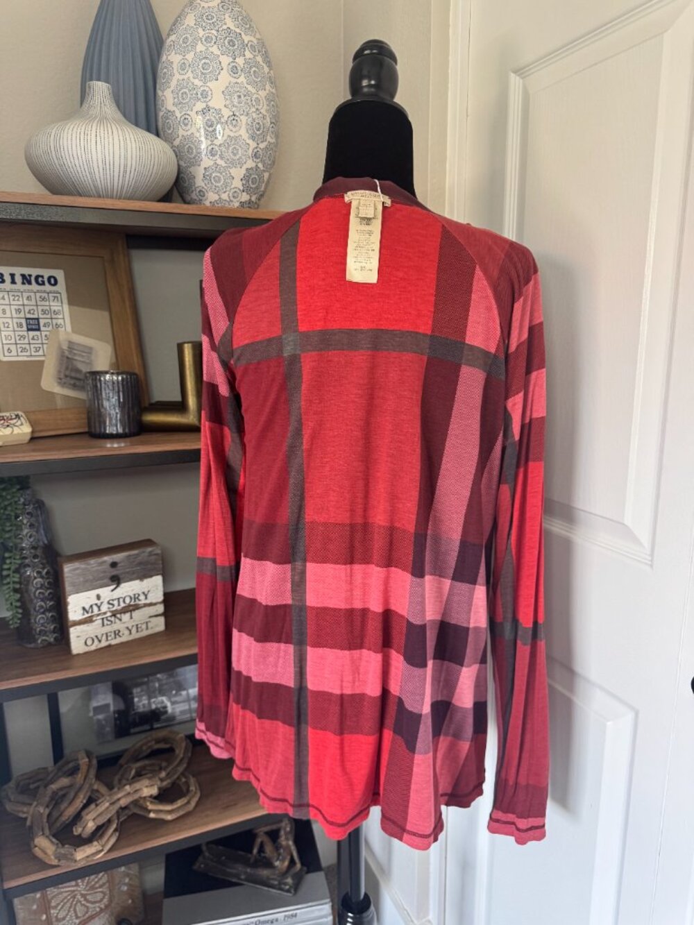 Burberry Reversible Burgundy Solid/Plaid Lightweight Knit Drape Cardigan - Size - Picture 6 of 6